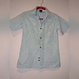 Van Heusen Boys blue and white short sleeved button down dress shirt Size 10 EUC